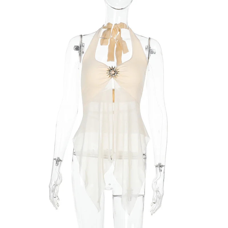 Absobe Halter Tie-Back Sheer Mesh Patchwork With Metal Accents Tank Top Backless Y2K Vest For Women Chic Streetwear Blouse