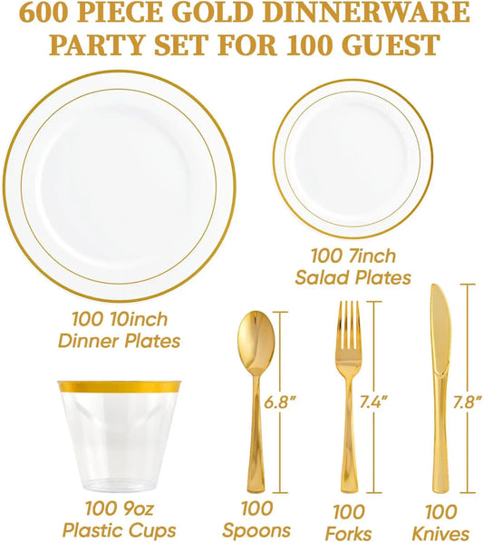 600 Gold Dinnerware Set for 100 Guests White and Gold Rim Plastic Plates Disposable Including 100 Dinner Plates 100 Salad Plates