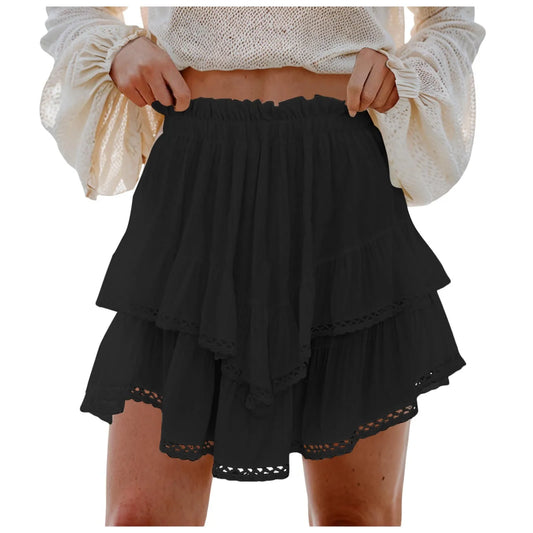 Women Flowy Ruffled Layered Shorts Elastic High Waist Pleated Mini Skirt Bohemian Crochet Skirt