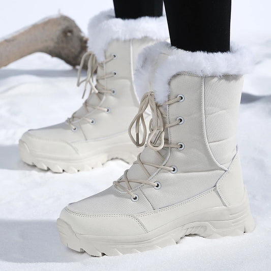 2025 Women's Snow Boots Beige Lace-up Waterproof Antiskid Female New Ankle Boots Walking Shoes plush Winter Warm Mid-Calf Boots