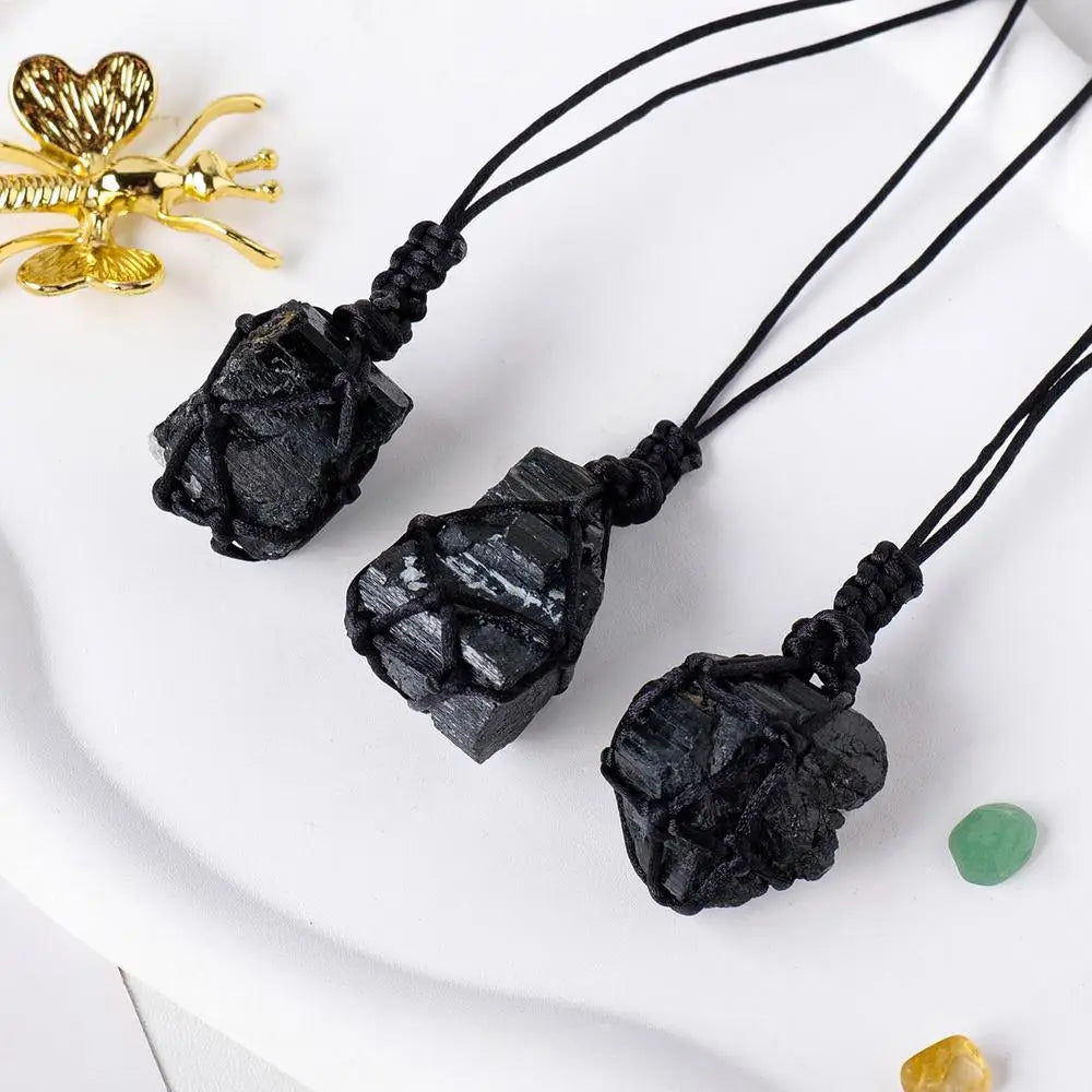 1pc Fashion Crystal Gem Healing Stone Black Tourmalines Stone Pendant Necklace Natural Raw Stone Necklace