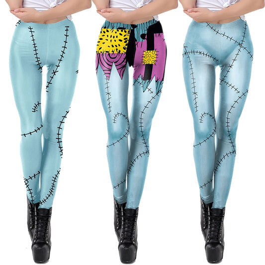 Nightmare Before Christmas Sally cosplay costume featuring colorful, patchwork leggings with stitched designs