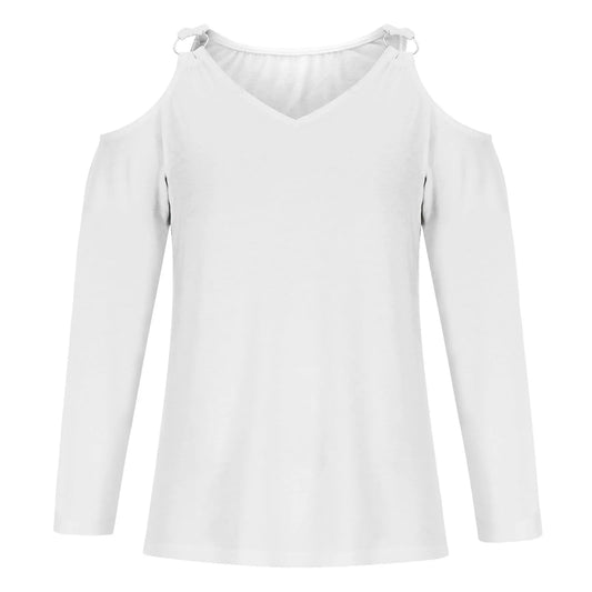 Women's V-Neck Leak Shoulder Long Sleeve Top, Loose Blouses for Women, Casual and Sexy, Youthful Clothes, Monochromatic, New