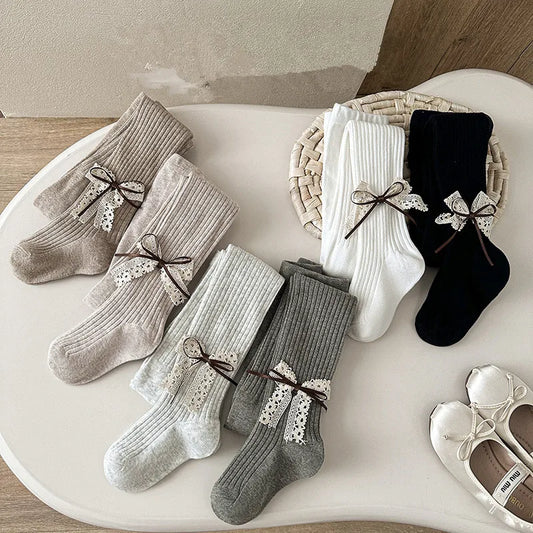 Children Cotton Tights Girls Cute Princess Bowknot Pantyhose Kids Stocking Baby Girls One-Piece Pantyhose Infant Knitted Tights