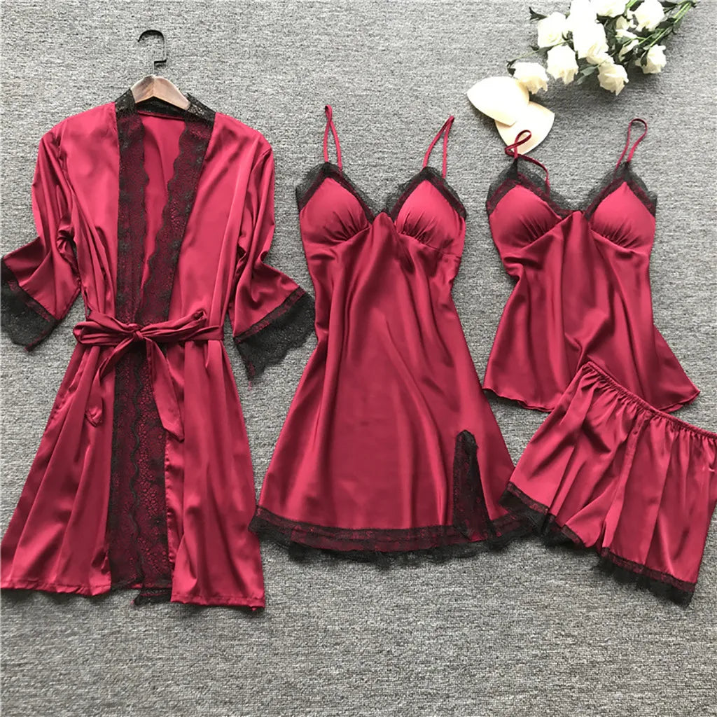 4 Pieces Pajamas Sets Satin Sleepwear Women Silk Nightwear Pyjama Strap Lace Sleep Lounge Pajama with Chest Pads