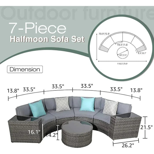 Outdoor Patio Furniture Sectional 7-Piece Half-Moon Curved Outdoor Sofa Set with Round Coffee Table,4 Pillows & Waterproof Cover