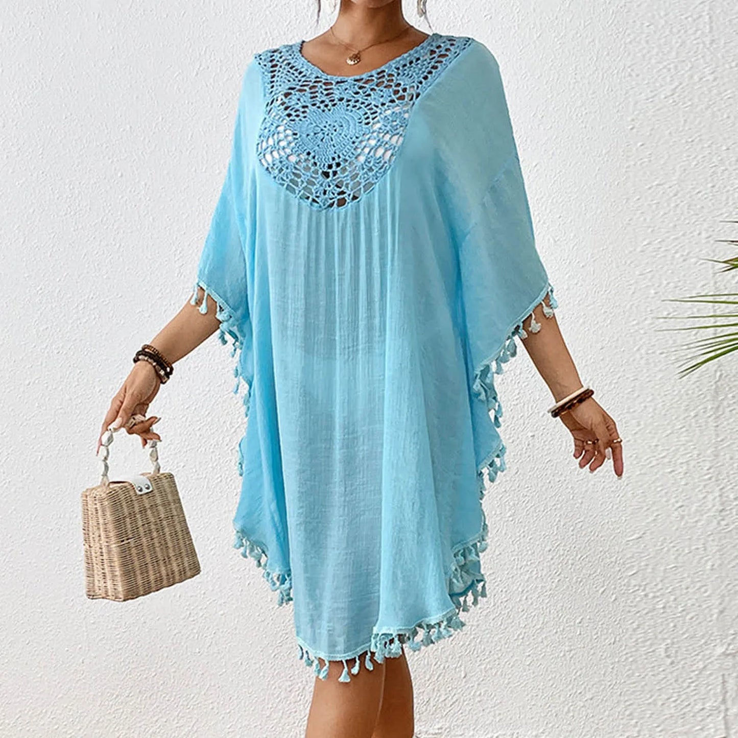 Linen Cover Up Women'S Beach Top With Crochet Patchwork Tassel Swimsuit And Bikini Outerwear Women'S Kimono купальник 2024 тренд