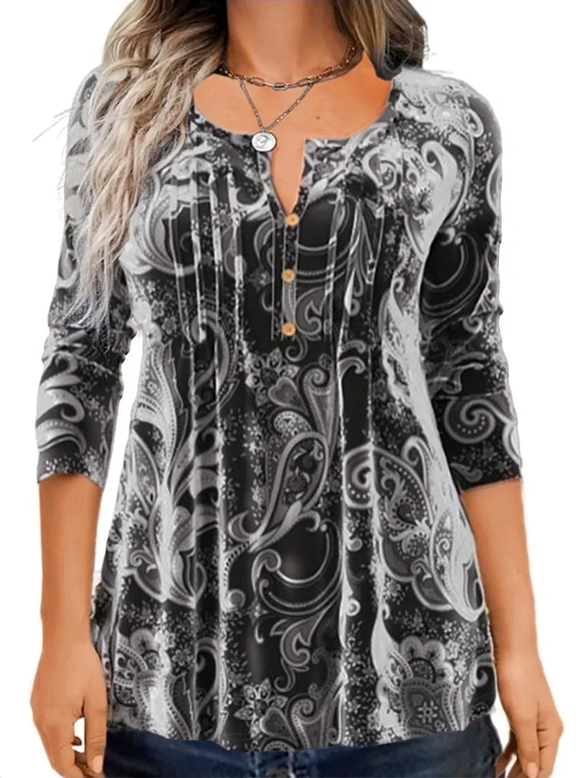 Autumn New T-shirt Elegant Fashionable Comfortable Versatile Print Round Neck Gorgeous Pattern Button Long Sleeve Top