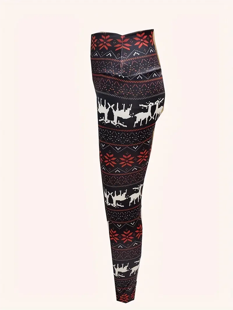 Christmas Elk & Snowflake Print Skinny Leggings Vintage High Waist Stretchy Leggings Women's Clothing
