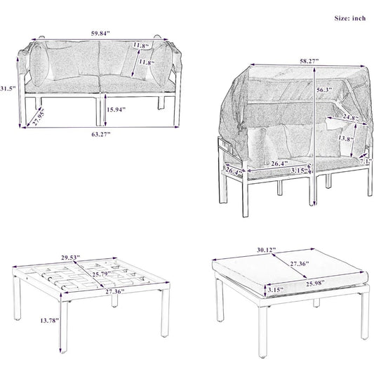 3-Piece Patio Daybed with Retractable Canopy and Cushions, Outdoor Metal Sectional Sofa Set Sun Lounger for Backyard, Porch