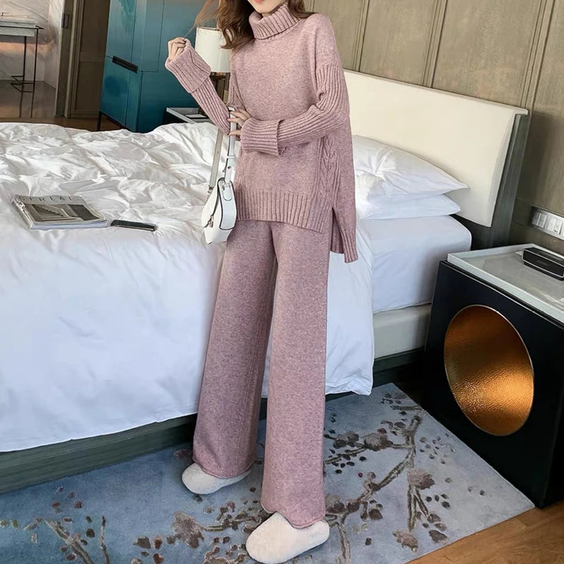 Autumn Winter 2 Pieces Women Sets Knitted Tracksuit 2025 New Turtleneck Sweater and Wide Leg Jogging Pant Pullover Suits