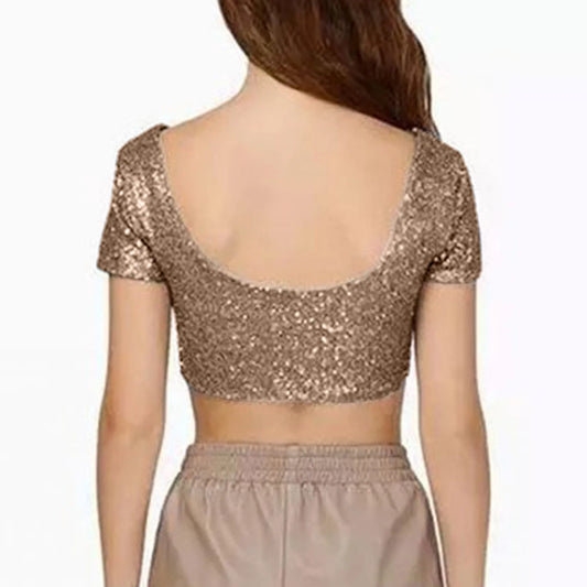 Womens T Shirts Short Sleeve Sexy Sparkling Sequins Backless Crop Top Multicolor T Shirt Wool Long Sleeve Shirt Women