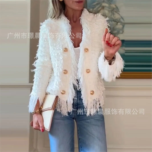Women's Fashion Double-breasted Jackets 2025 Autumn Winter New Elegant High-end Temperament Tassel Top Coat Women's Clothing