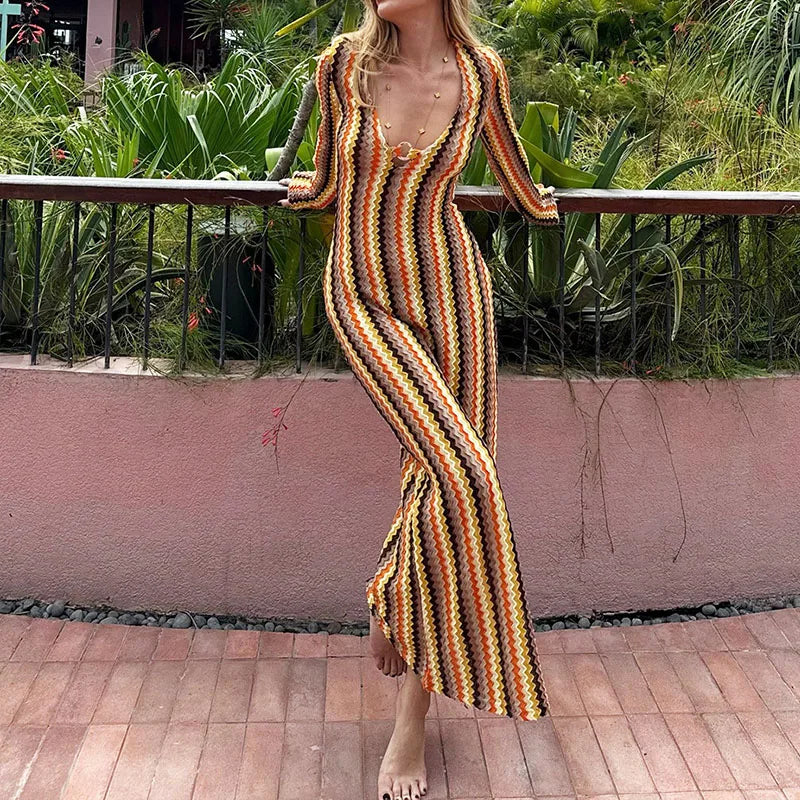 Autumn Colorful Striped Printed Dress Beach Wrap Hip Long Sleeve Party Dress Sexy Lady V Neck High Waist Slim Holiday Dress