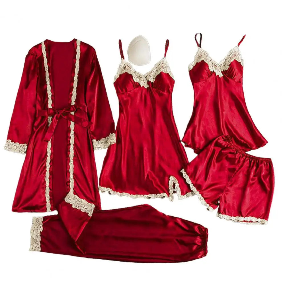 Women's Summer Sexy Pajama Pants Set 5 Pieces Nightgown Nightdress Top Shorts Pants Set Lace Satin Silk Sleepwear Robe Sleepwear