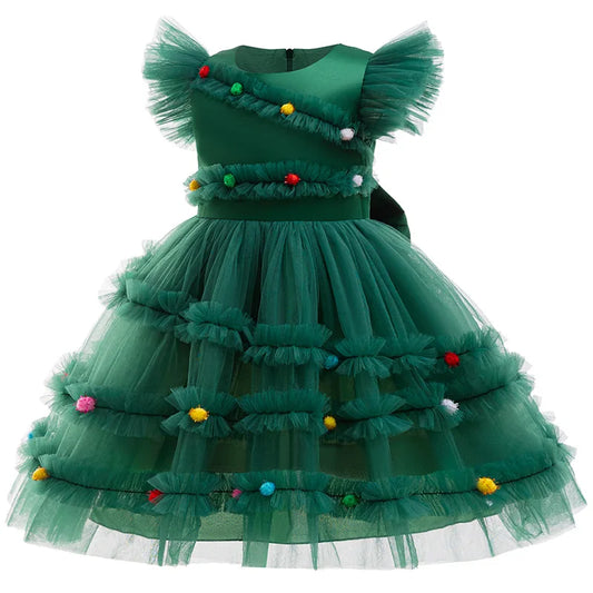 Merry Christmas Girls Cute Christmas Tree Mesh Fashion Princess Dress Party Costumes 2-10 Years Kids Clothes