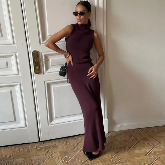 Autumn Elegant Long Skirt Two-piece Set Women's Sleeveless Knitted Turtleneck Vest Slim Skirt Set Female New Fashion Skirt Set