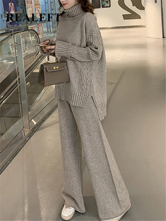 Autumn Winter 2 Pieces Women Sets Knitted Tracksuit 2025 New Turtleneck Sweater and Wide Leg Jogging Pant Pullover Suits