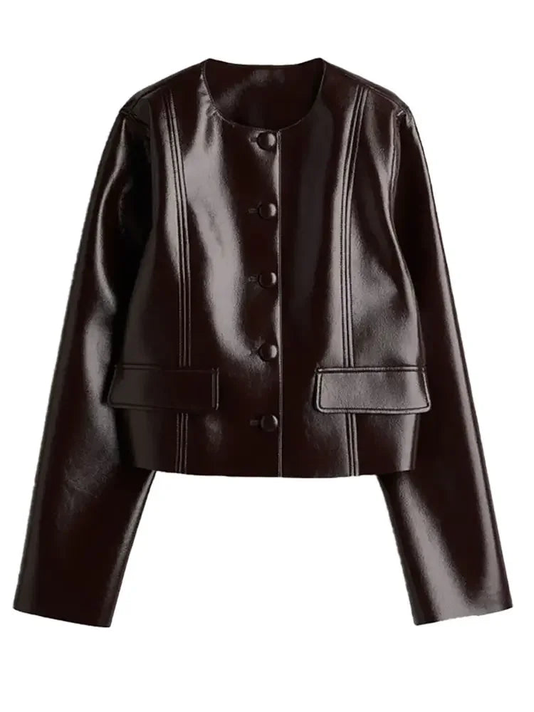 Street PU Leather Sets for Women 2 Piece O-neck Single Breasted Jackets Sexy Short Skirts 2024 Autumn Locomotive Outfits Lady