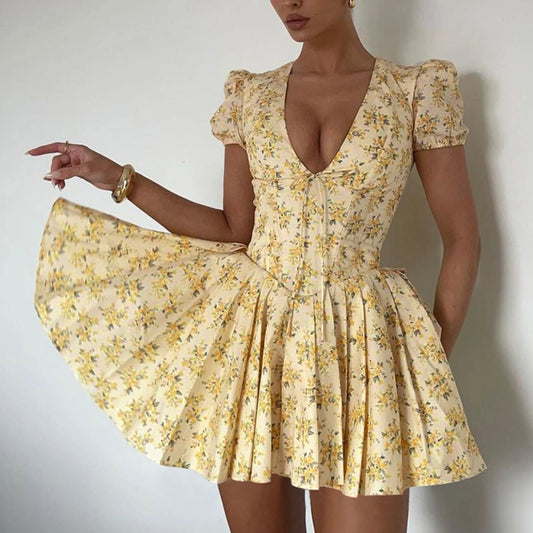 Sexy Deep V Neck Women's Dresses 2025 Summer A-Line Mini Dress High Waist Pleated Floral Printed Beach Party Dresses Vestido