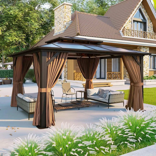 12'x14' Hardtop Gazebo, Aluminum Frame Permanent Pavilion with Curtains and Netting, Designed for Garden, Brown