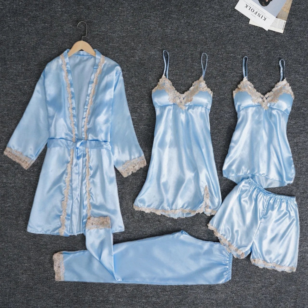 2024 New Style Pajamas Set with Bra Pads, Silk Sexy Strappy Golden Floral Five-Piece Pajamas Thin Homewear