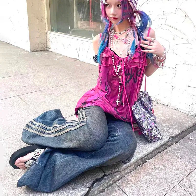 Grunge High Waist Flare Jeans Vintage Striped Denim Pants Y2k Harajuku Bell Bottom 2000s Skinny Mopping 90s