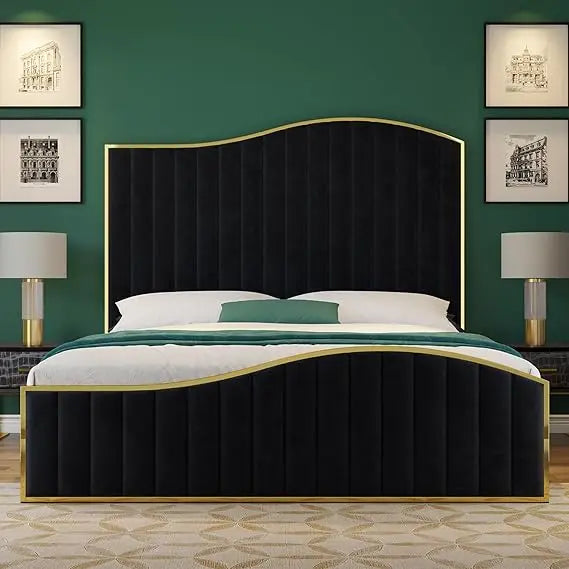 King Size Platform Bed Frame, Vertical Channel Gold Trim Headboard & Footboard/No Box Spring, NeededVelvet Upholstered Bed