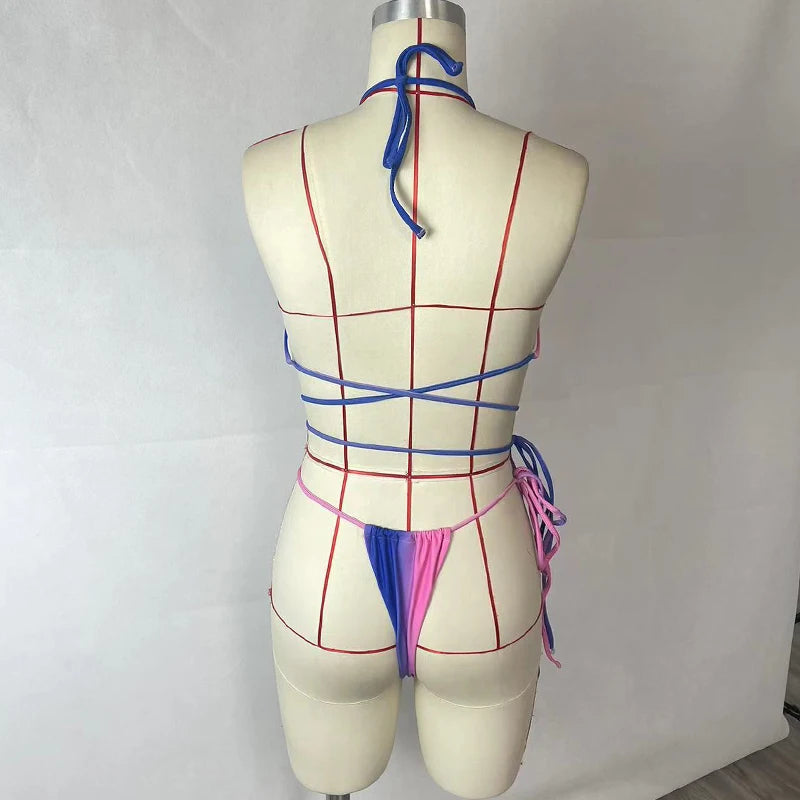 BEACHCICI Women's Bikini Two Set Sexy Gradient Color Tie up Halterneck String Lace Up Backless Pleated Holiday Beach Swimsuit