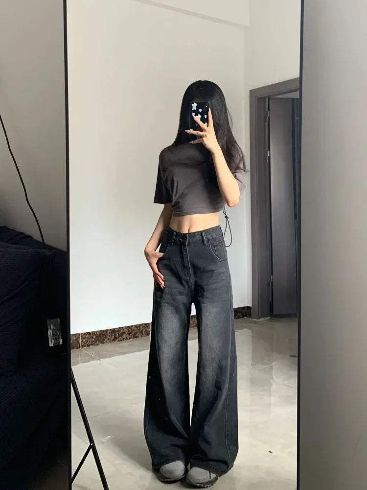 Vintage Black Jeans Women High Waist Y2k 90s Streetwear Baggy Casual Fashion Straight Washed Denim Trouser