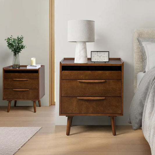 2 Drawer Nightstand with Charging Station,Mid-Century Modern Bedside Tables,Wood Night Stand with Pull-Out Shelf Set of 2,Walnut