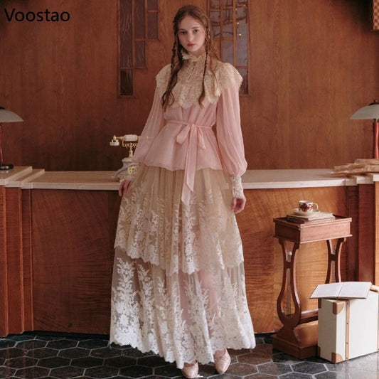 France Style Elegant Sweet 2 Piece Set Women Vintage Lace Patchwork Long Sleeve Blouse Top Mesh Skirt Suit Female Lolita Outfits