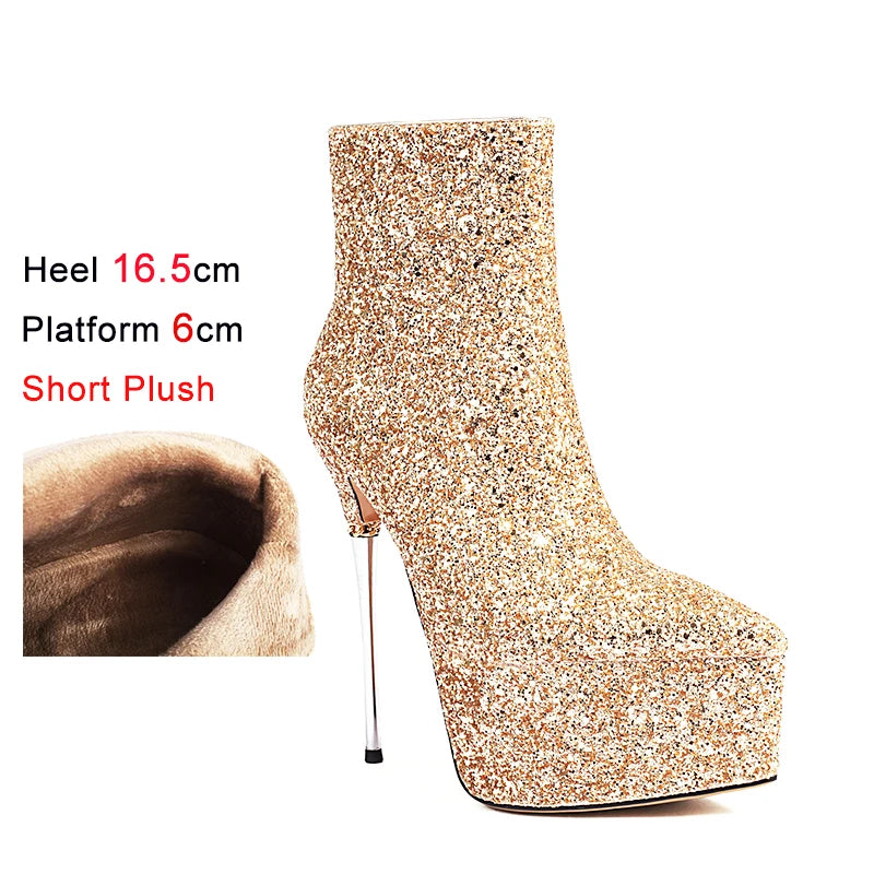 2025 New Autumn Winter Shiny Stiletto Ankle Boots Woman High Heels Glitter Bling Short Boots Women Platform Pointed Toe Shoes