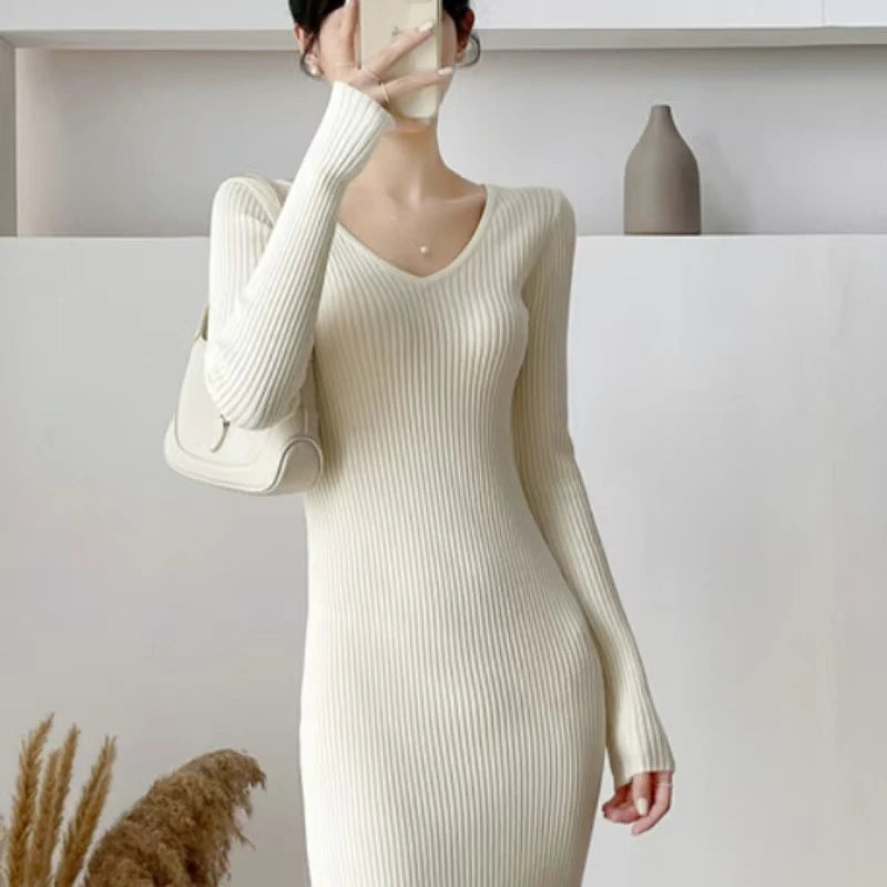 Autumn Winter Sexy High Split Sweater Dress Women Full Sleeve Basic Slim Elastic Bodycon Long Dress Party Vestidos