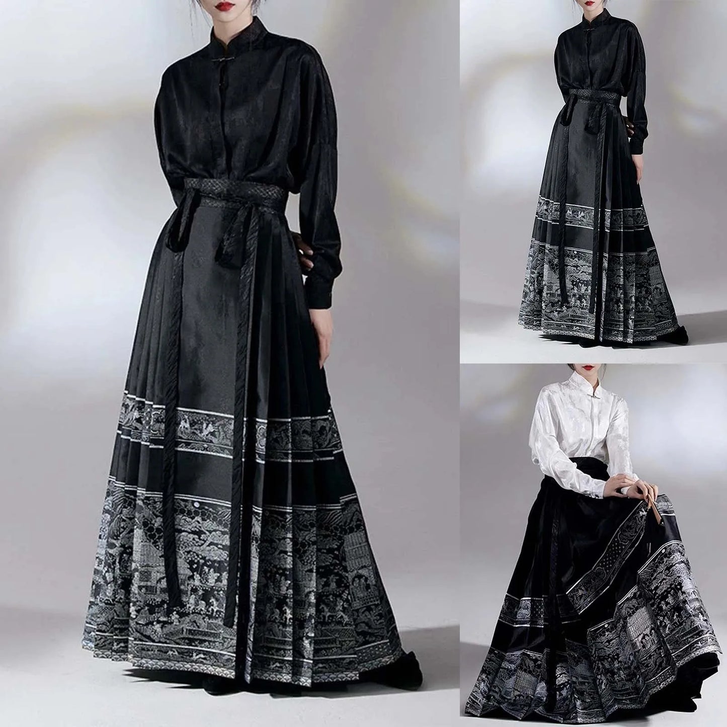 Women'S New Chinese Style Chinese Style Song Dynasty Hanfu Horse Face Skirt Satin High Waisted Slim Pleated Skirt Half Skirt 스커트