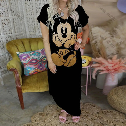 Leisure Sexy Dress Disney Casual Summer Women's Dresses V-Neck Long Minnie Mouse Maxi Cartoon 2022 Mickey Y2k Clothes Robe Woman