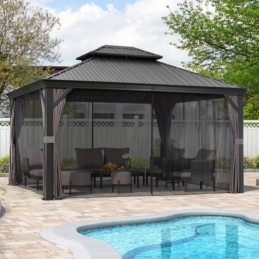 12' X 14' Hardtop Gazebo Aluminum Permanent Outdoor Gazebos with Galvanized Steel Double Roof for Patio Backyard Curtain, Gazebo