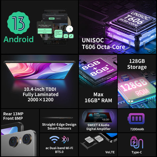 TECLAST T40HD Tablet Max 16 RAM 128GB ROM 10.4 Android 13 T606 octa-core 2000x1200 FHD 2K dual SIM Type-C/GPS/7200mAh