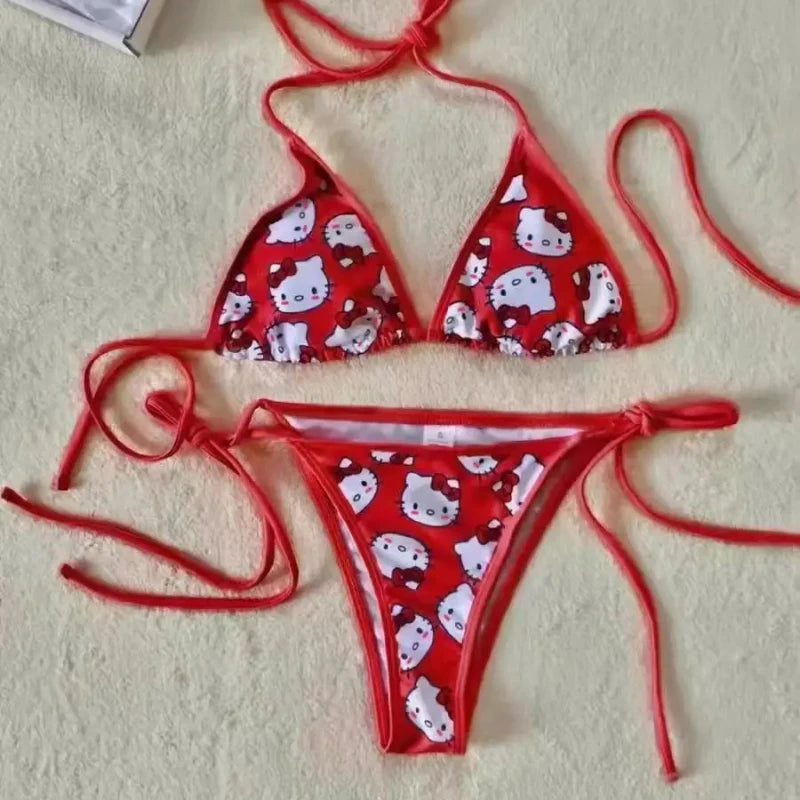 Hello Kitty Bikinis Set Kawaii Y2K Summer 2024 New Women Swimsuit Beach Strappy Panties Sexy Swimwear for Girl