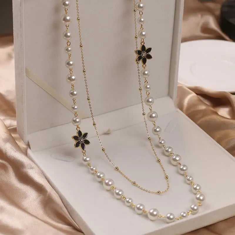 Vintage Lady Camellia Pearls Flower Long Necklace Chain Elegant Double Layers Fashion Jewelry For Women Party Collares de moda