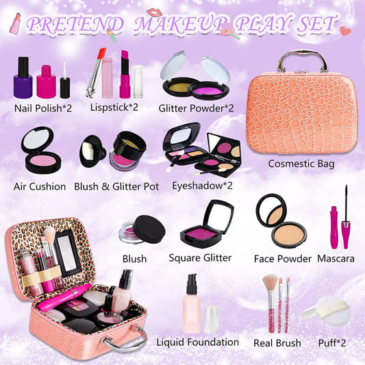 Kids Pretend Makeup Kit with Cosmetic Bag for Girls 4-10 Year Old - Including Brushes, Eye Shadows, Lipstick, Mascare, Gittler