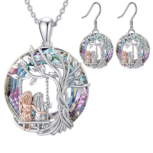 European and American Fashion Sisters and The Tree of Life Pendant Necklace Earrings Sets Anniversary Women's Jewelry Set Gift