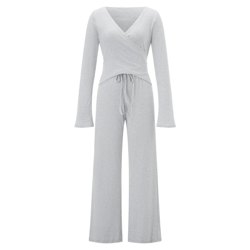 Women Fashion Lounge Set Vintage 2 Piece Outfit V Neck Waist Tie T-shirt + Elastic Waist Pants Autumn Long Sleeve Crop Tops