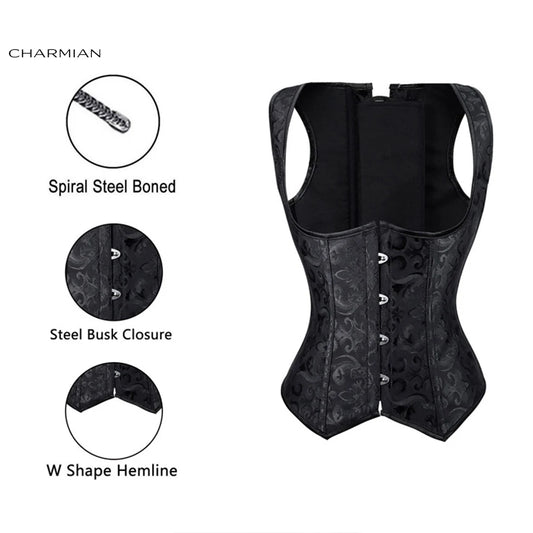 Charmian Women's Retro Plus Size Underbust Corset Vest Vintage Steel Boned Brocade Burlesque Waist Cincher Shapewear Waistcoat
