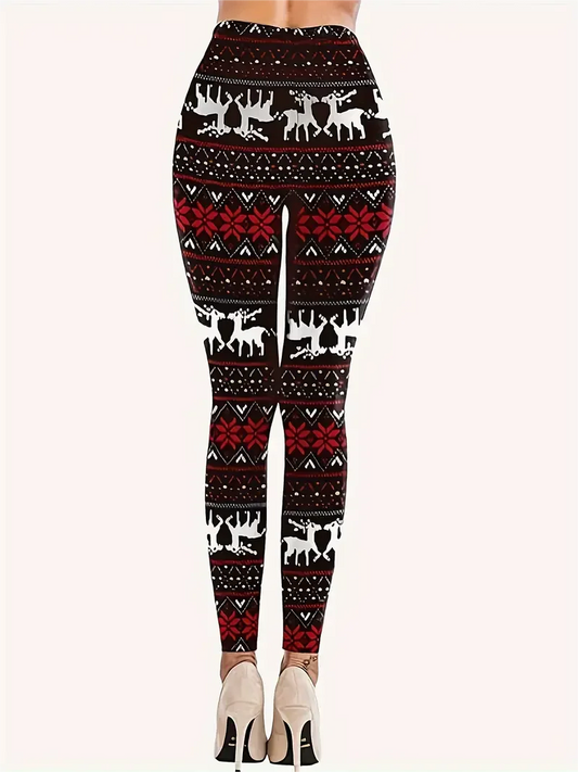 Christmas Elk & Snowflake Print Skinny Leggings Vintage High Waist Stretchy Leggings Women's Clothing
