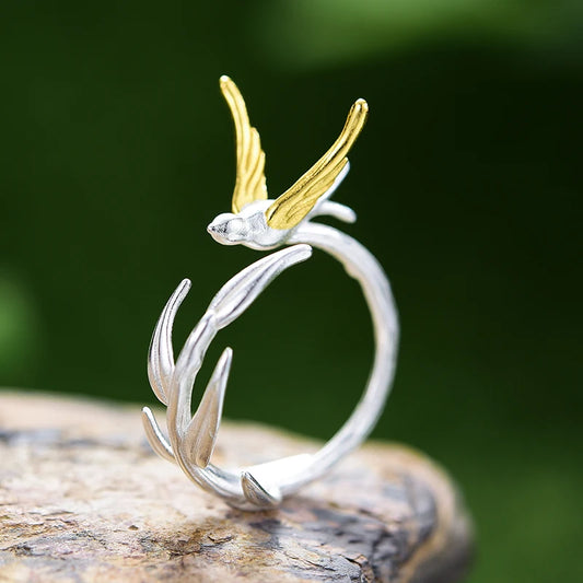 Lotus Fun 18K Gold Swallow Willow Branch Unusual Asymmetrical Rings for Women Real 925 Sterling Silver Original Fine Jewelry