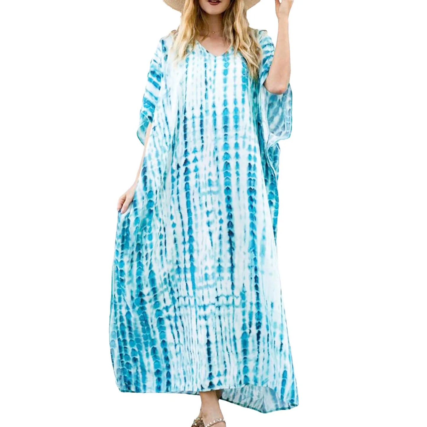 Womens Plus Size Kaftans Casual V Neck Puff Sleeve Boho Loose Floral Long Soft Beach Maxi Summer Swing Party Dresses For Women
