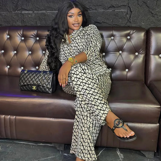 Autumn Fashion Set Woman 2 Piece Printing Long Sleeves Lapel Shirt High Waist Loose Wide Leg Pants 2025 Pant Sets Female Outfit