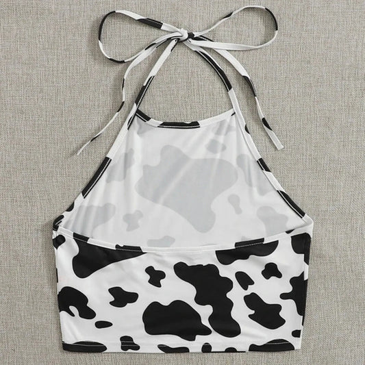 Summer Cow Printed Sexy Tank Tops Women Halter Neck Lace Up Cropped Tops Cute Cosplay Contrast Color Backless Trendy Cami Vest