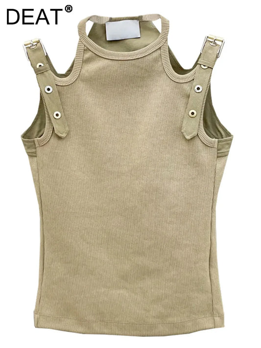 DEAT Fashion Women's Tops Round Neck Hollow Out Khaki Sleeveless Suspender Tank Tops Summer 2024 New Trendy 17A5505H